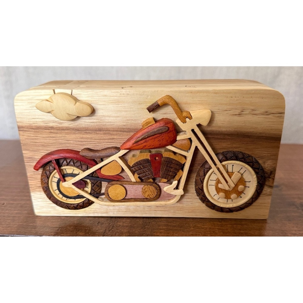 RARE Carver Dan's Hand Carved Harley Davidson Motorcycle Puzzle Trinket Box